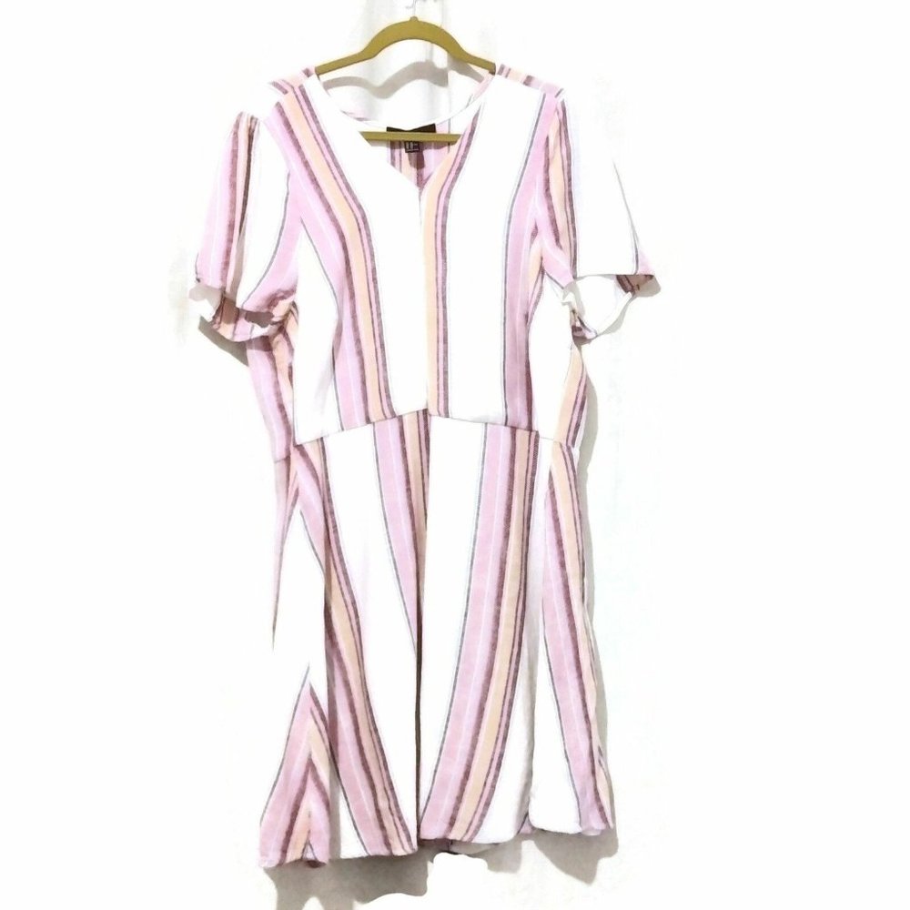 Forever 21 Women Woven Mini Dress Short Striped V-Neck Top Tunic Blouse 3X White